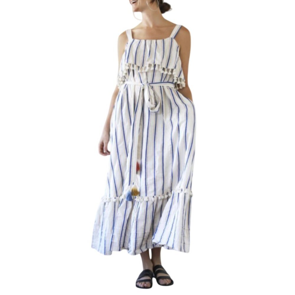 Travota Birds of Paradise Alana Maxi Sundress Womens Small Ivory Blue Stripe
